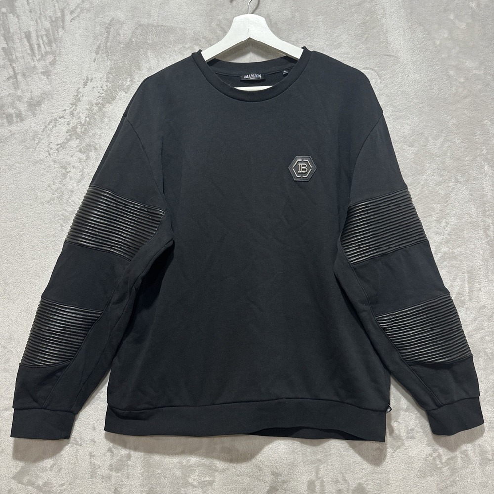 Balmain Paris Pullover Sweatshirt Mens Sz XL Quilted Leather French Terry Black